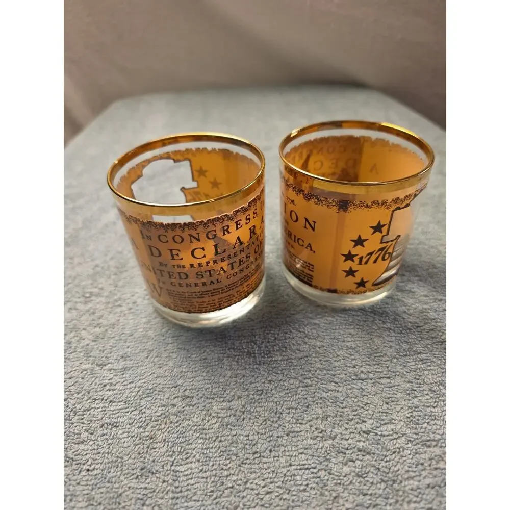 Vintage 1976 Bicentennial Lowball Glasses Pair 1776 Liberty Bell Gold Rim Houze